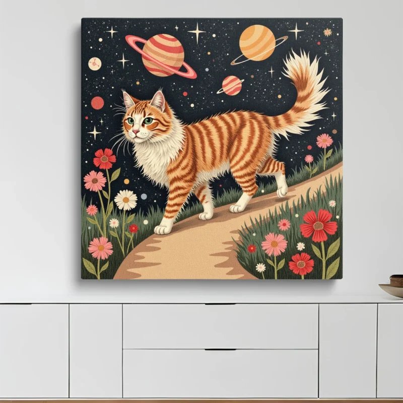 Tableau Chat Espace Fleurs – Ambiance Sérène – toile – horizontal