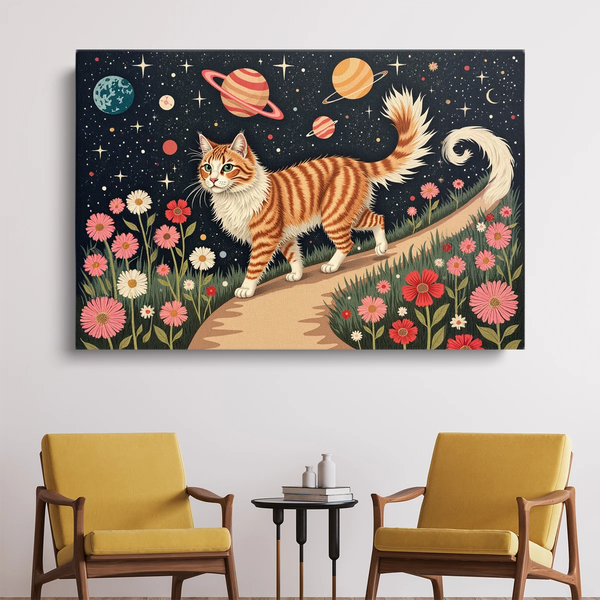 Tableau Chat Espace Fleurs – Ambiance Sérène – toile – horizontal