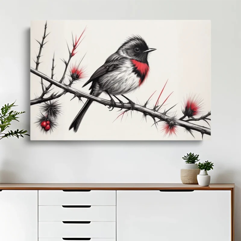 Tableau Oiseau Rouge Branche – Minimaliste – toile – horizontal