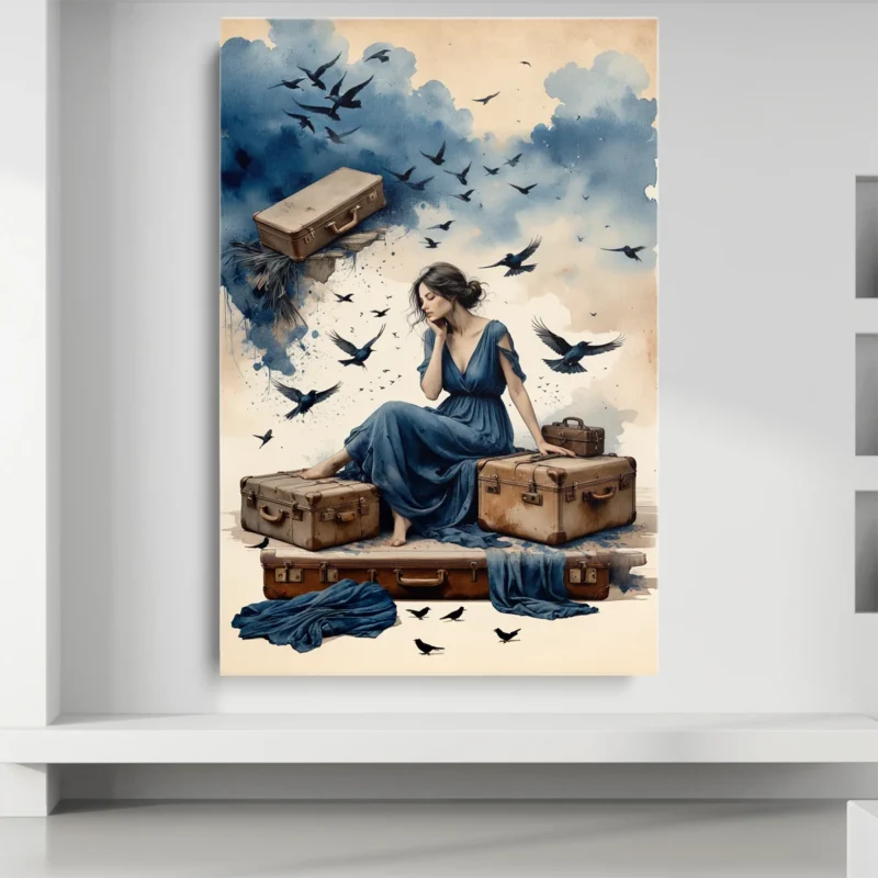 Tableau Femme aux Valises et Oiseaux – toile – vertical