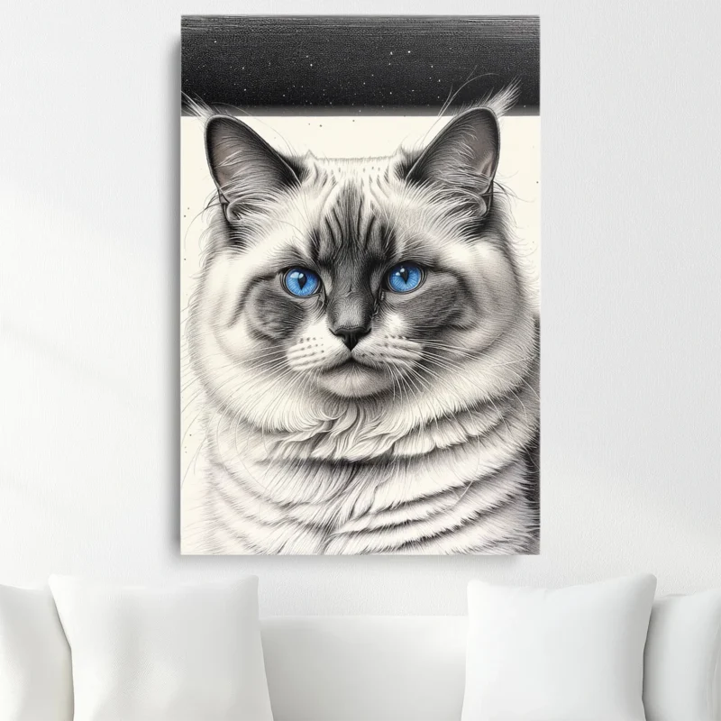Tableau Portrait de Chat aux Yeux Bleus – toile – vertical