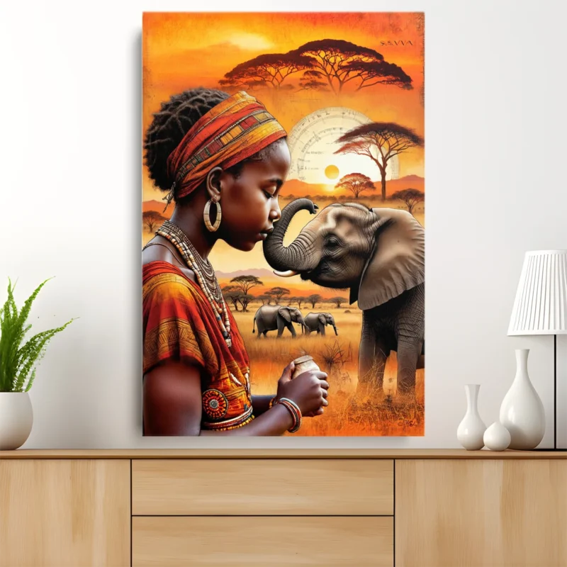 Tableau Femme et Éléphant en Afrique – toile – vertical