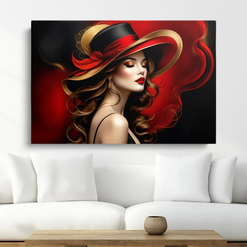 Tableau Femme au Chapeau Rouge – toile – horizontal