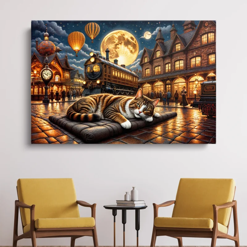 Tableau Chat et Train sous Lune – toile – horizontal