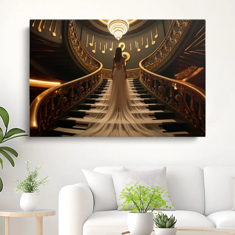 Tableau Créatif Femme en Robe sur Escalier Piano – toile – horizontal