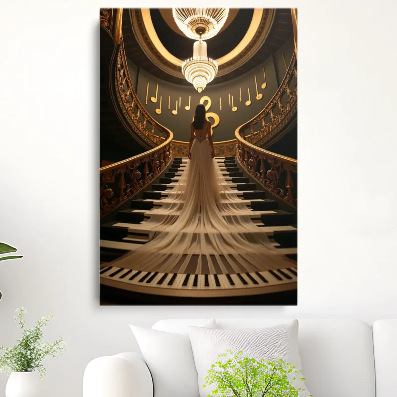 Tableau Créatif Femme en Robe sur Escalier Piano – toile – horizontal