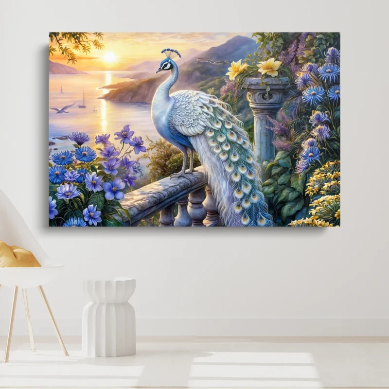Tableau Paon Blanc au Coucher du Soleil – toile – horizontal