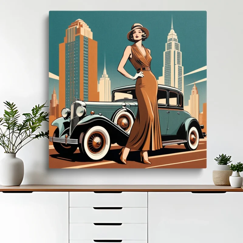 Tableau Femme en Voiture Vintage – toile – horizontal