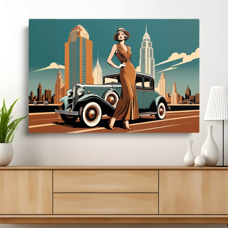 Tableau Femme en Voiture Vintage – toile – horizontal