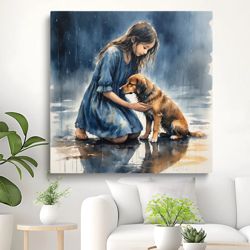 Tableau Fille et Chien sous la Pluie – toile – horizontal