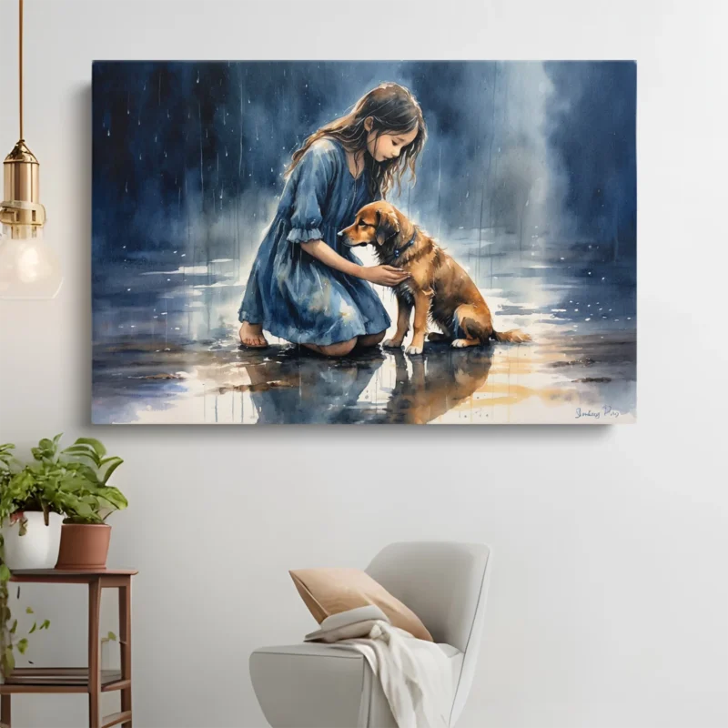 Tableau Fille et Chien sous la Pluie – toile – horizontal