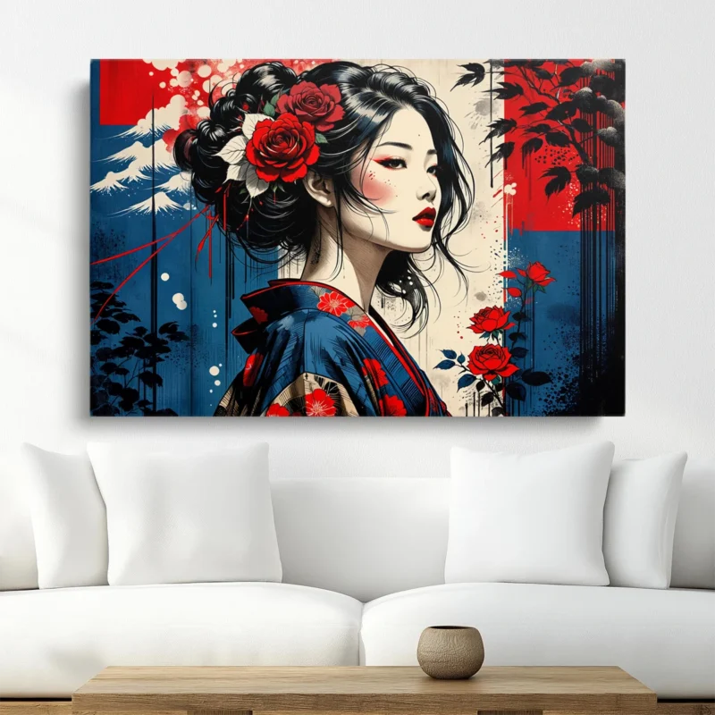 Tableau Femme en Kimono et Roses