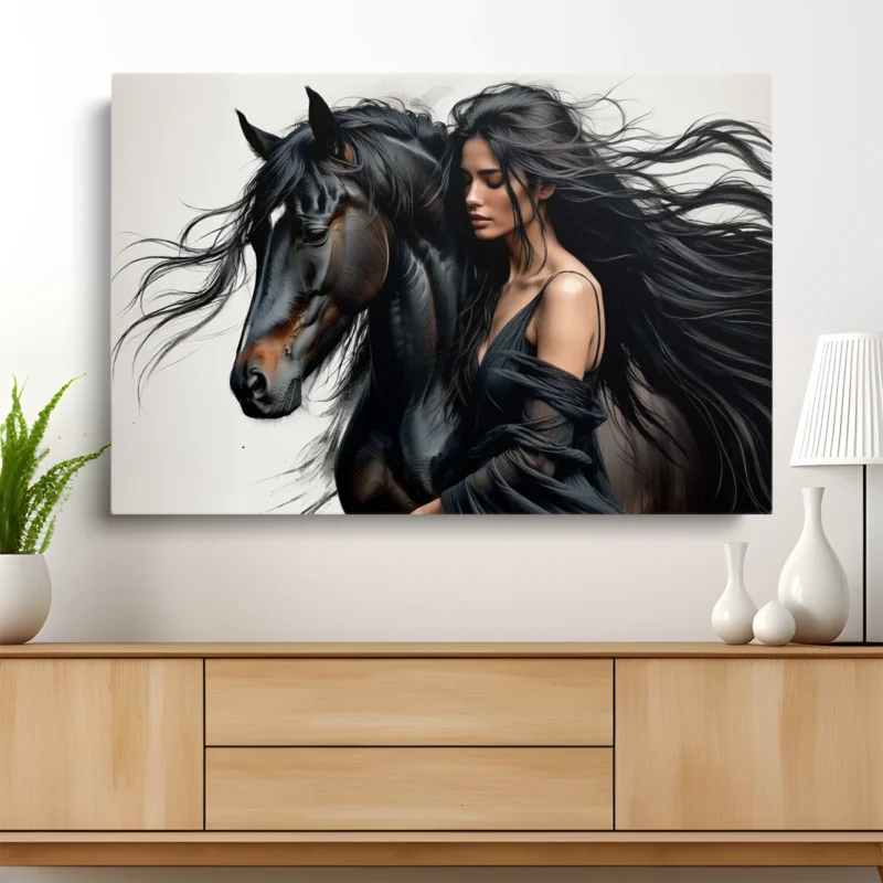 Tableau Femme et Cheval Noir