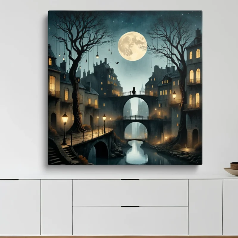 Tableau Ville de Nuit Avec Chat – toile – horizontal