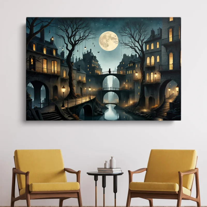 Tableau Ville de Nuit Avec Chat – toile – horizontal