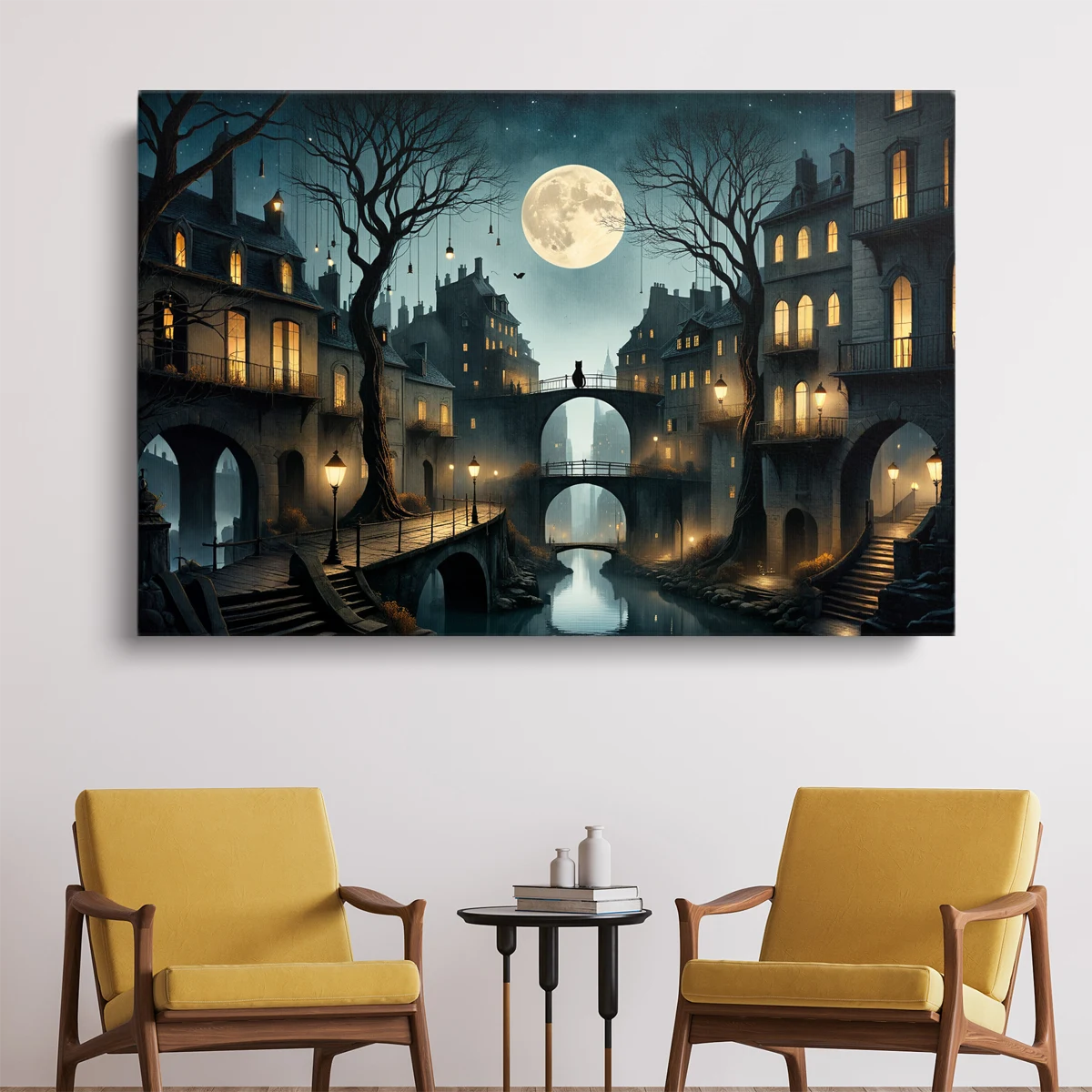 Tableau Ville de Nuit Avec Chat – toile – horizontal