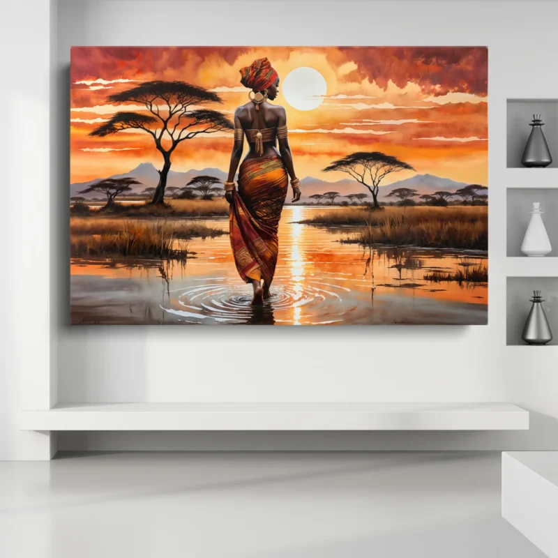 Tableau Femme dans la Savane au Coucher de Soleil