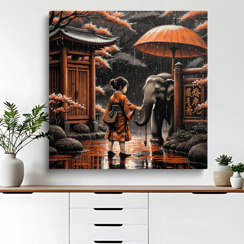 Tableau Fille et Éléphant sous la Pluie – toile – horizontal