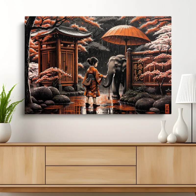 Tableau Fille et Éléphant sous la Pluie