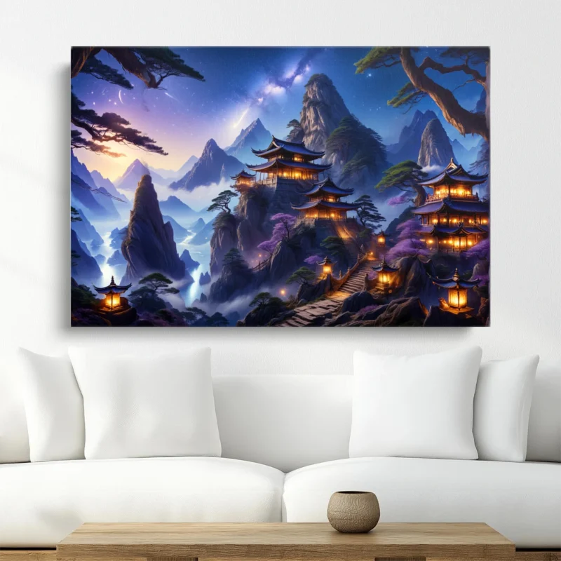 Tableau Temples sur Montagne la Nuit
